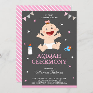 Invitation Jolie fille de bébé rose joyeux Aqiqah