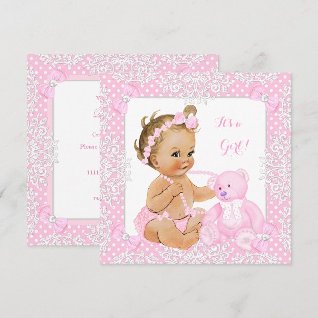 Invitation Jolie fille de douche bébé dentelle rose ours blon (Devant / Derrière)