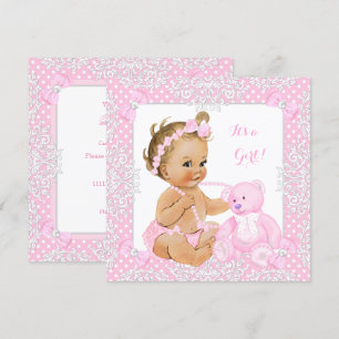 Invitation Jolie fille de douche bébé dentelle rose ours blon