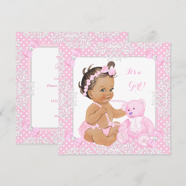 Invitation Jolie fille de douche bébé dentelle rose ours brun (Devant / Derrière)