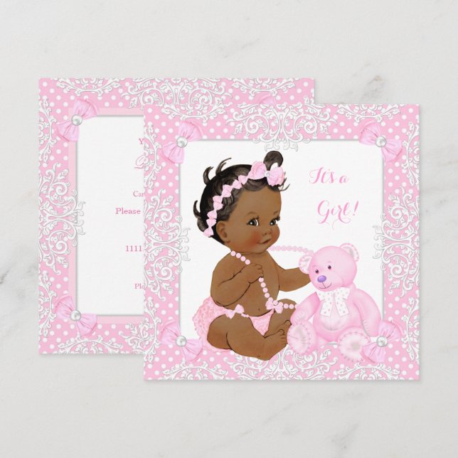 Invitation Jolie fille de douche bébé dentelle rose ours ethn (Devant / Derrière)