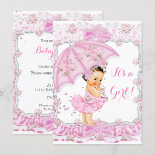 Invitation Jolie Fille de Fête de Bébé Fleur Rose Brunette