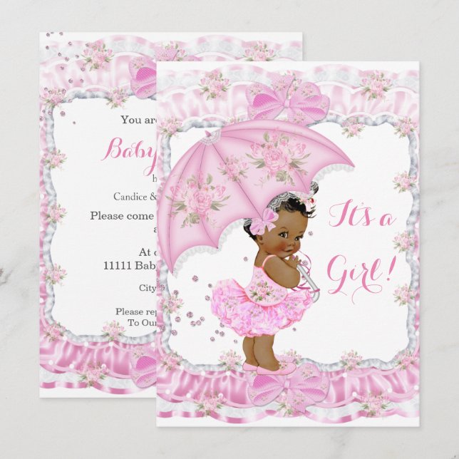 Invitation Jolie Fille de Fête de Bébé Fleur Rose Ethnique (Devant / Derrière)