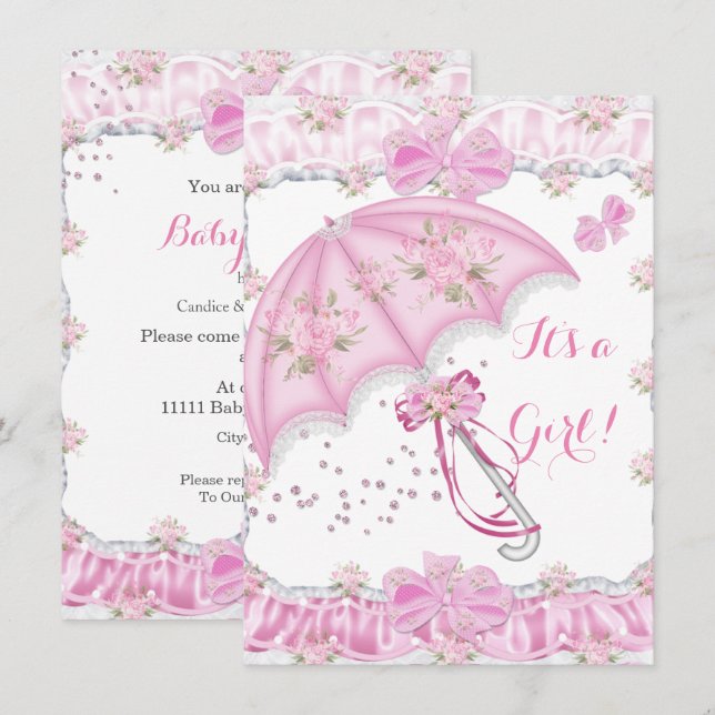 Invitation Jolie Fille de Fête de Bébé Parapluie Rose Floral (Devant / Derrière)