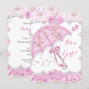 Invitation Jolie Fille de Fête de Bébé Parapluie Rose Floral