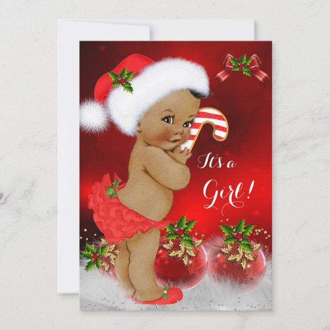 Invitation Jolie Fille de Fête de Naissance de Noël Rouge Bla (Devant)