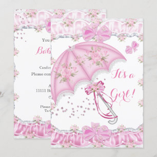 Invitation Jolie Fille de Fête de Naissance Fleur Rose Parapl