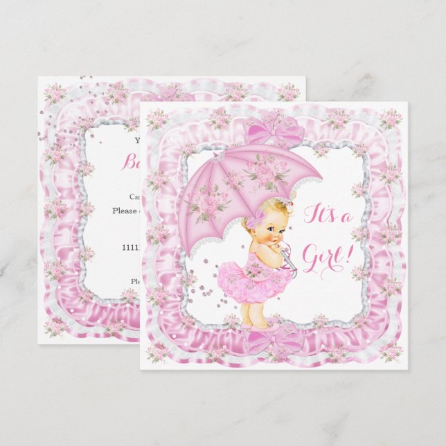 Invitation Jolie Fille de Fête de Naissance Fleurie Rose Blon (Devant / Derrière)