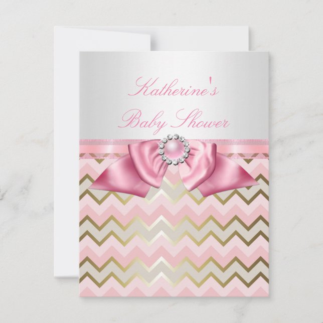 Invitation Jolie Fille de Fête de Naissance Rose Or Chevron (Devant)