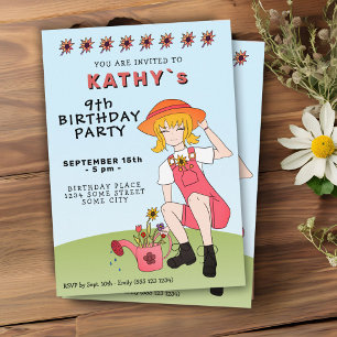 Invitation Jolie fille de jardinage avec fleurs d'anniversair
