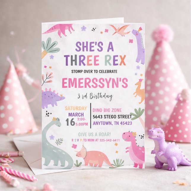 Invitation Jolie fille dinosaure 3e anniversaire (Créateur téléchargé)
