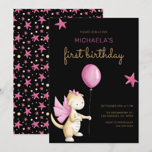 Invitation Jolie Fille Dragon Rose Noir Premier Anniversaire