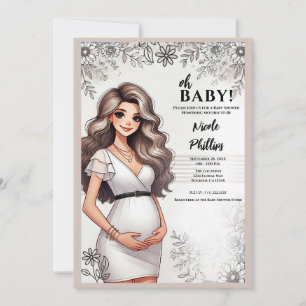 Invitation Jolie fille enceinte cheveux ondulés floral Oh Bab