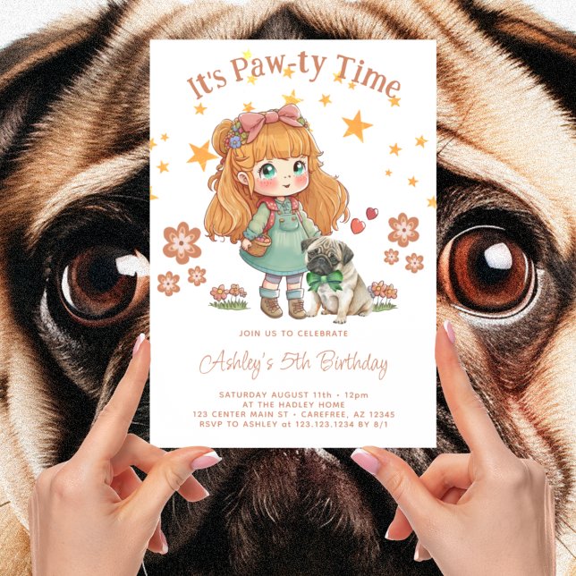 Invitation Jolie Fille et Pug C'est l'heure de la fête d'anni (Créateur téléchargé)