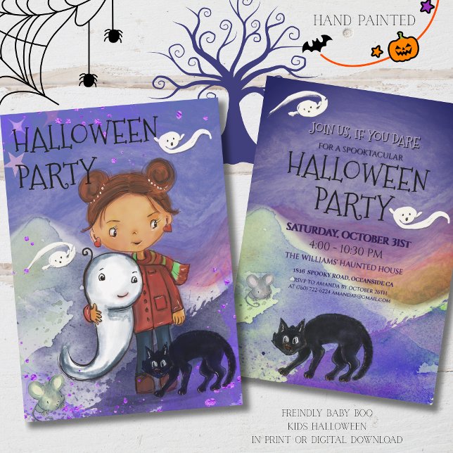 Invitation Jolie Fille, Fantôme & Chat Noir | Spooktacular po (Cute Girl, Ghost, & Black Cat  Kids Spooktacular Invitation)