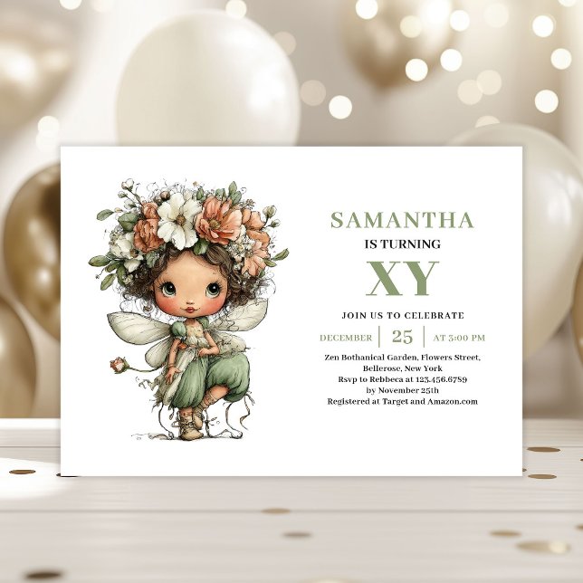 Invitation Jolie Fille Fée 2ème Anniversaire Verdure Floral (Cute Fairy Girl 2nd Birthday Greenery Floral Invitation)