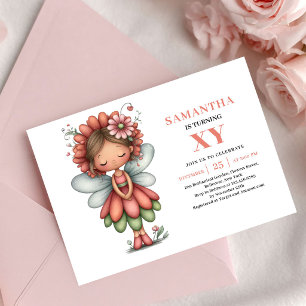 Invitation Jolie Fille Fée Anniversaire Rose Floral Pastel