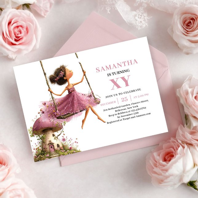 Invitation jolie fille fée anniversaire rose poudr (Cute Fairy Girl Birthday Dusty Pink invitation)