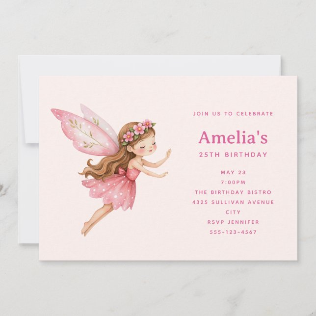 Invitation Jolie Fille Fée en Robe Rose Anniversaire (Devant)