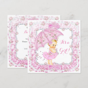Invitation Jolie Fille Fête de Bébé Fleur Rose Blonde