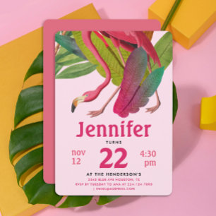 Invitation Jolie Fille Flamant Rose Tropical Aloha Anniversai