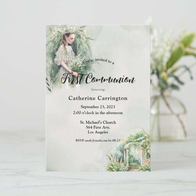 Invitation Jolie Fille Florale Première Communion (Debout devant)