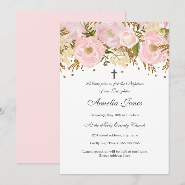Invitation Jolie fille florale rose pâle doré Baptême (Devant / Derrière)