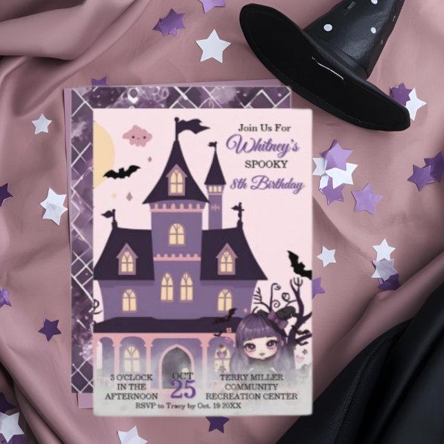 Invitation Jolie Fille Gothique Violette Anniversaire Effraya (Spooky Cute Purple Birthday Gothic Girl Invitation)