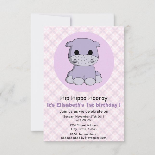 Invitation Jolie fille hippo violette fille anniversaire de e (Devant)