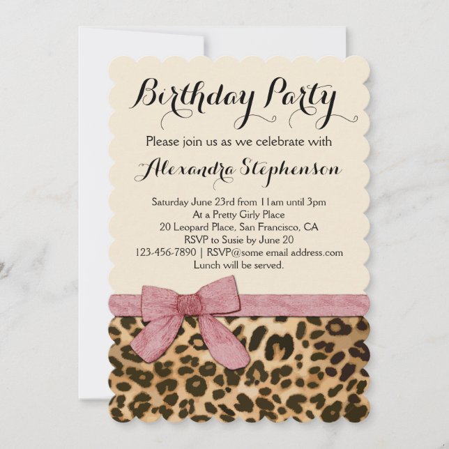 Invitation Jolie Fille Leopard Rose Bow fête d'anniversaire (Devant)