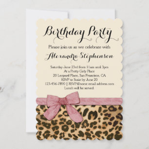 Invitation Jolie Fille Leopard Rose Bow fête d'anniversaire