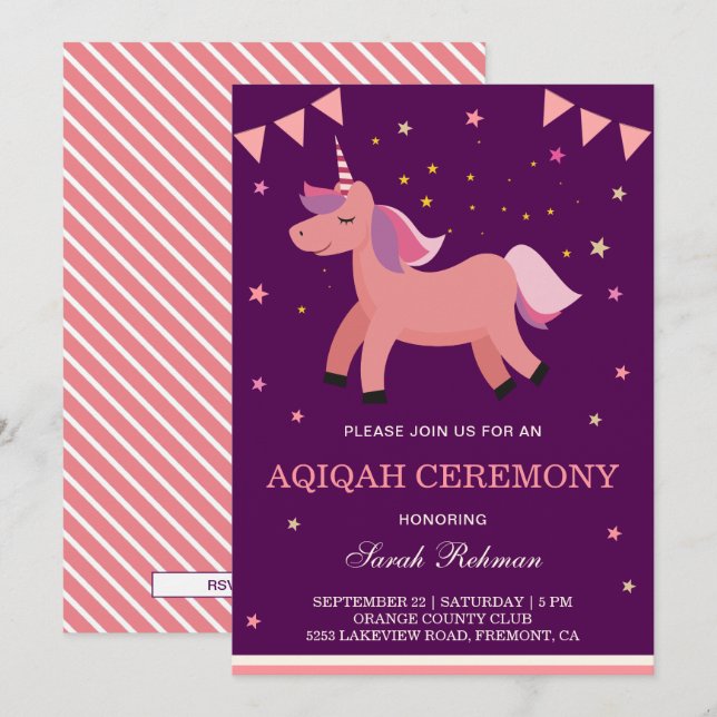 Invitation Jolie Fille Licorne Bébé Aqiqah (Devant / Derrière)