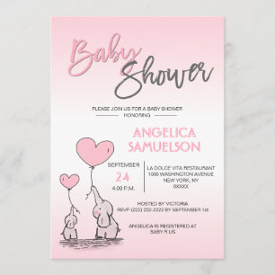 Invitation Jolie fille moderne rose maman Eléphant & Baby sho