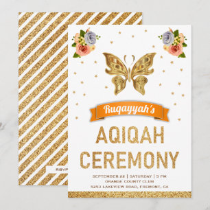 Invitation Jolie Fille Papillon Floral Doré Aqiqah