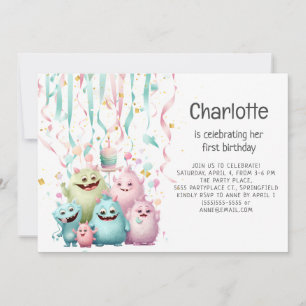 Invitation Jolie Fille Petits Monstres 1er Anniversaire Horiz
