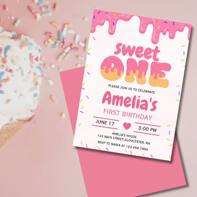 Invitation Jolie Fille Premier Anniversaire, 1ère glace  (Sweet One ice cream birthday invitation with pink drips and sprinkles.)