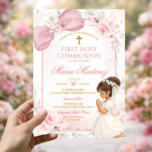 Invitation Jolie fille priant Ruban rose Première communion s
