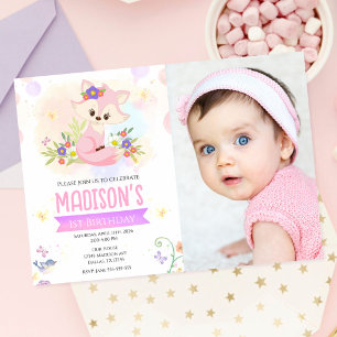 Invitation Jolie Fille Renard Floral Forêt 1er Anniversaire P