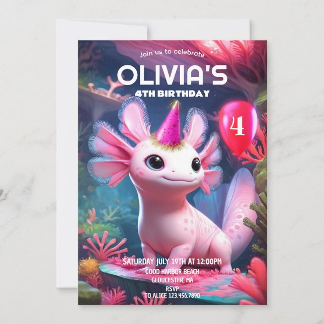 Invitation Jolie fille rose Axolotl Anniversaire (Devant)