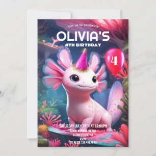 Invitation Jolie fille rose Axolotl Anniversaire