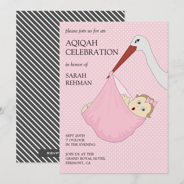 Invitation Jolie Fille Rose Bébé Aqiqah (Devant / Derrière)