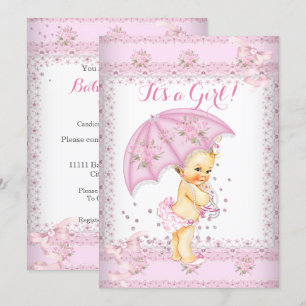 Invitation Jolie Fille Rose Bébé Fête Floral Parapluie Blonde