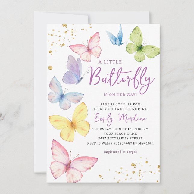 Invitation Jolie fille rose un petit papillon baby shower chi (Devant)