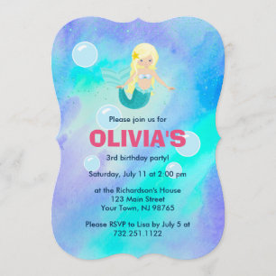 Invitation Jolie fille sirène Anniversaire Bleu Aquarelle
