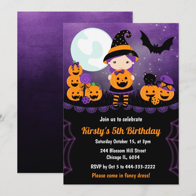 Invitation Jolie Fille Sorcière et Citrouilles Fête d'anniver (Devant / Derrière)