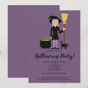 Invitation Jolie fille sorcière volant sur un balai Fête d'Ha