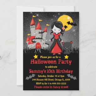 Invitation Jolie fille vampire et château Halloween anniversa