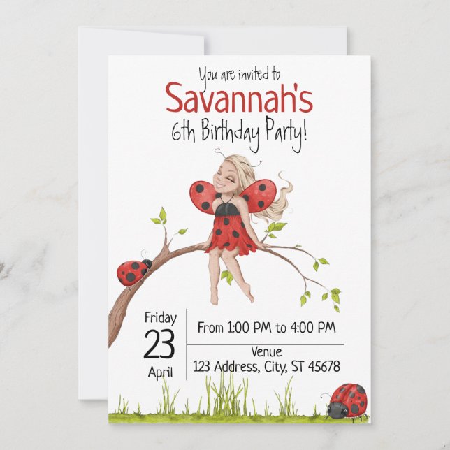 Invitation Jolie fille Whimsical LadyBug 6e anniversaire (Devant)