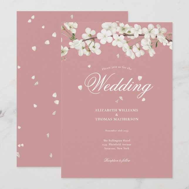 Invitation Jolie Fleur de Mariage Fleur Blanche Rose Poussiér (Devant / Derrière)
