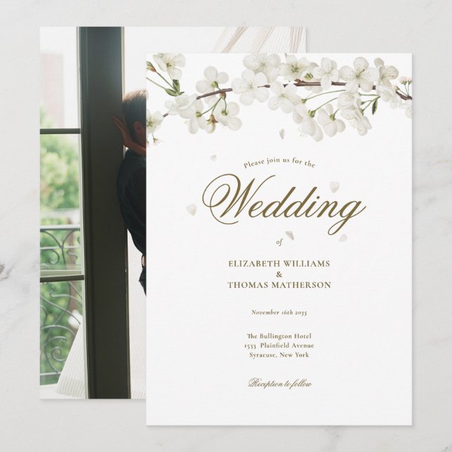 Invitation Jolie Fleur de Mariage Photo Blanche Fleur (Devant / Derrière)
